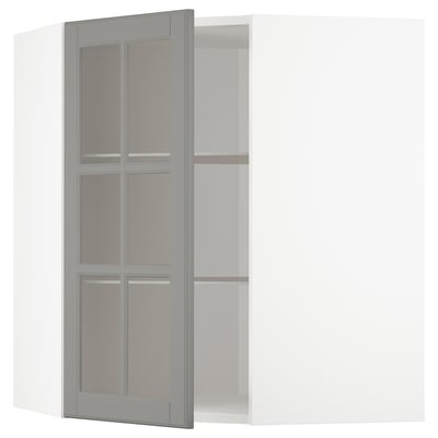 METOD メトード コーナーウォールキャビネット 棚板/ガラス扉付き, ホワイト/ボードビーン グレー, 68x68x80 cm