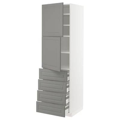 METOD メトード / MAXIMERA マキシメーラ ハイキャビネット 棚板/引き出し4個/扉2枚付き, ホワイト/ボードビーン グレー, 60x60x200 cm