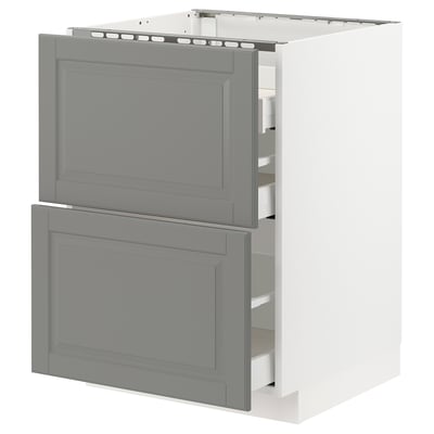 METOD メトード ベースキャビネット コンロ用/引き出し前部2/引き出し3, ホワイト マキシメーラ/ボードビーン グレー, 60x60x80 cm