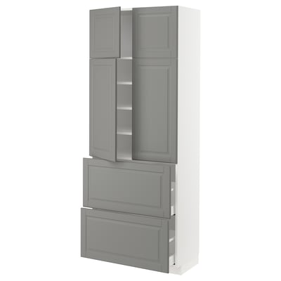 METOD メトード / MAXIMERA マキシメーラ ハイキャビネット 棚板/引き出し2個/扉4枚付き, ホワイト/ボードビーン グレー, 80x41x200 cm