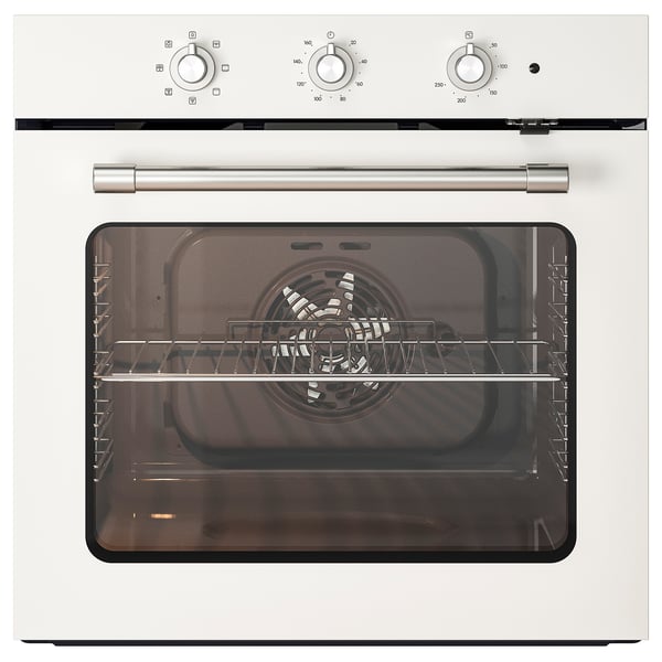 White built-in oven with silver handle and knobs, clear glass door, metallic interior rack.