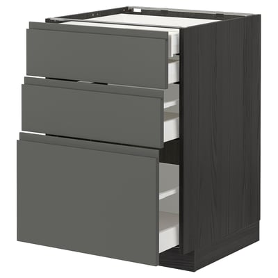 METOD / MAXIMERA خزانة قاعدة 3 واجهات/أدراج, أسود/Voxtorp رمادي غامق, ‎60x60 سم‏