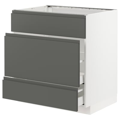 METOD メトード / MAXIMERA マキシメーラ ベースキャビネット シンク用+引き出し前部3/引き出し2, ホワイト/ヴォックストルプ ダークグレー, 80x60x80 cm