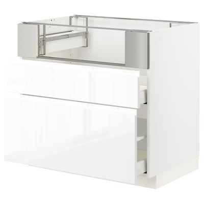 METOD メトード / MAXIMERA マキシメーラ ベースキャビネット コンロ/フィッシュグリル/引き出し2用, ホワイト/ヴォックストルプ ハイグロス/ホワイト, 90x60x80 cm