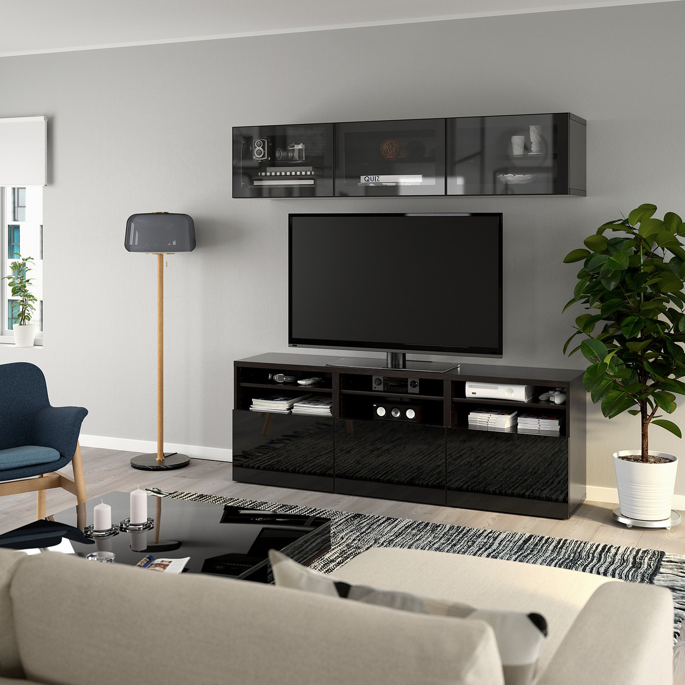 BESTÅ ベストー テレビボード/ガラス扉, ブラックブラウン/セルス