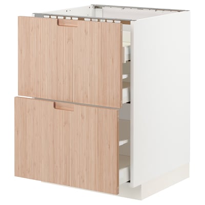METOD メトード / MAXIMERA マキシメーラ ベースキャビネット コンロ用/引き出し前部2/引き出し3, ホワイト/フロイエレード ライトバンブー, 60x60x80 cm