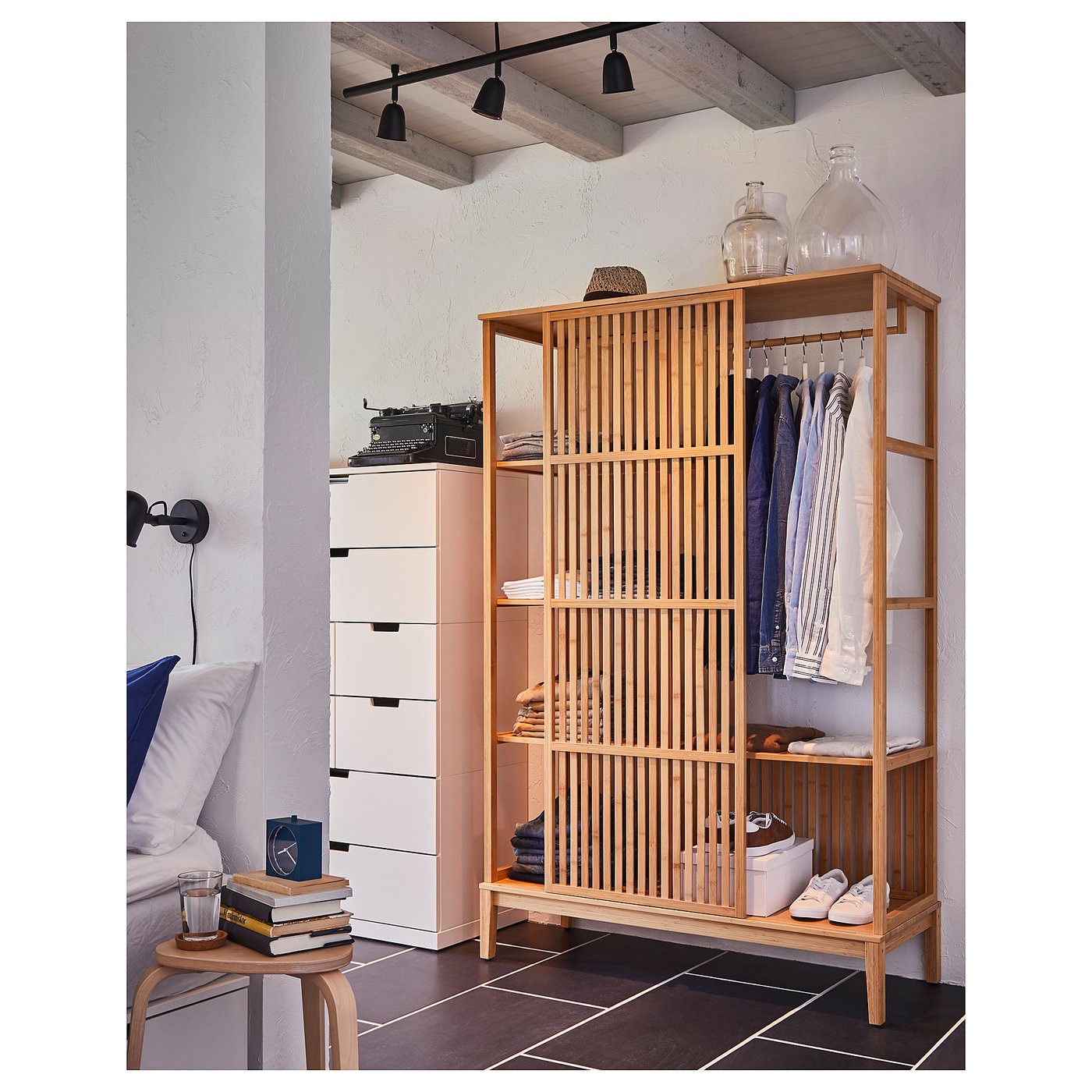 【IKEA】NORDKISA(ノールドシーサ) 120×123サイズ 引き戸付 NORDKISA ノールドシーサ オープンワードローブ 引き戸付き, 竹