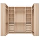 Ikea PAX light wood closet with shelves and drawers.