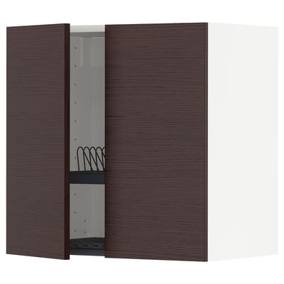 METOD メトード ウォールキャビネット 水切り/扉2枚付き, ホワイト アスケルスンド/ダークブラウン アッシュ調, 60x37x60 cm