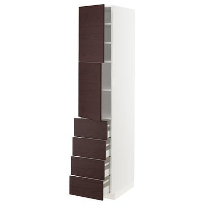 METOD メトード / MAXIMERA マキシメーラ ハイキャビネット 棚板/引き出し4個/扉2枚付き, ホワイト アスケルスンド/ダークブラウン アッシュ調, 40x60x200 cm