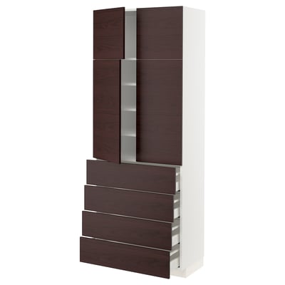 METOD メトード / MAXIMERA マキシメーラ ハイキャビネット 棚板/引き出し4個/扉4枚付き, ホワイト アスケルスンド/ダークブラウン アッシュ調, 80x41x200 cm