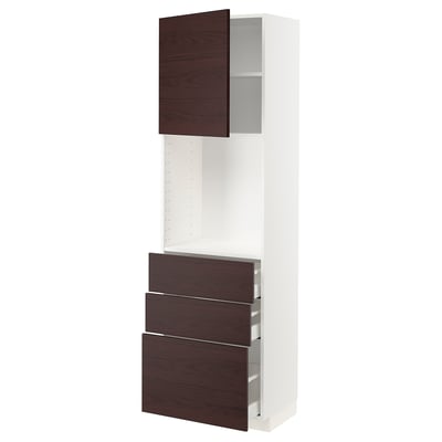 METOD メトード / MAXIMERA マキシメーラ ハイキャビネット 棚板/引き出し3個付き, ホワイト アスケルスンド/ダークブラウン アッシュ調, 60x41x200 cm