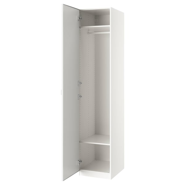 An open white ikea PAX wardrobe with shelves and a hanging rod.