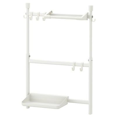 White SUNNERSTA kitchen stand with hooks and shelf.