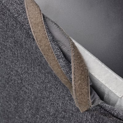 Close-up of grey BERGMUND bar stool cover, showcasing zipper closure and removable, washable fabric.