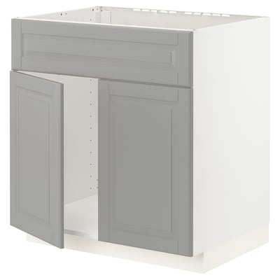 METOD เมท็อด ตู้ตั้งซิงก์บานคู่/แผ่นหน้าลิ้นชัก, ขาว/บู๊ดบิน เทา, 80x60x80 ซม.