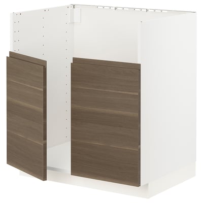 METOD メトード ベースキャビネット TALLSJÖN/タルショーン シンク用, ホワイト/ヴォックストルプ ウォールナット調, 80x60x80 cm