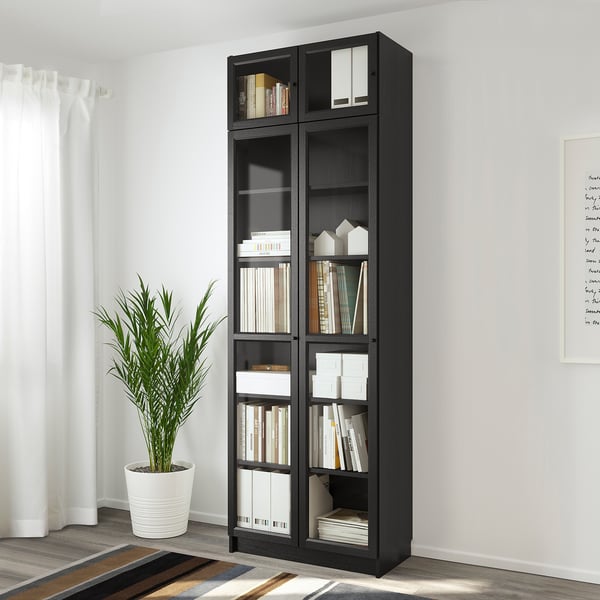 BILLY / OXBERG Bücherregal mit Aufsatz/Türen - schwarzbraun/Glas - IKEA