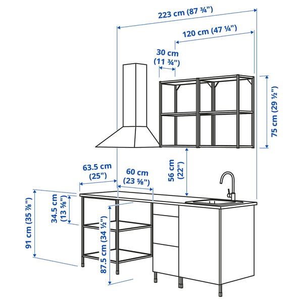 ENHET مطبخ, أبيض/شكل السنديان, ‎223x63.5x222 سم‏