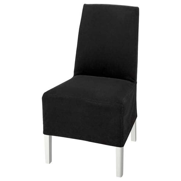 Black BERGMUND chair, sleek and modern, velvet cover, square seat, metal legs.