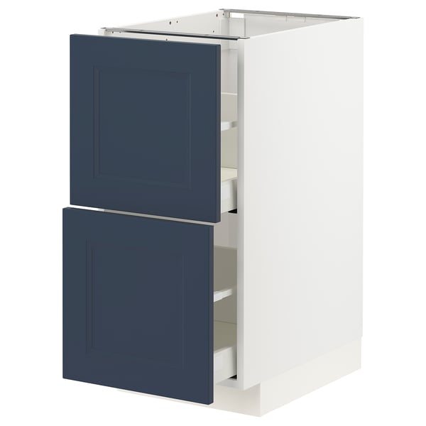METOD kitchen cabinet with blue axstad drawers, white frame, two drawers.