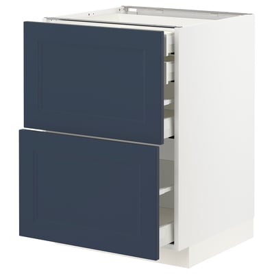 Ikea METOD kitchen cabinet, white base, blue drawers, rectangular, classic design.