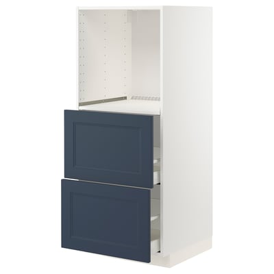 Blue kitchen drawer unit with white cabinet.