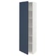 Modern tall kitchen cabinet with dark blue door, white frame, adjustable shelves.