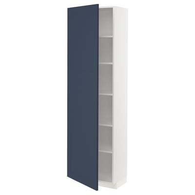 Modern tall kitchen cabinet with dark blue door, white frame, adjustable shelves.