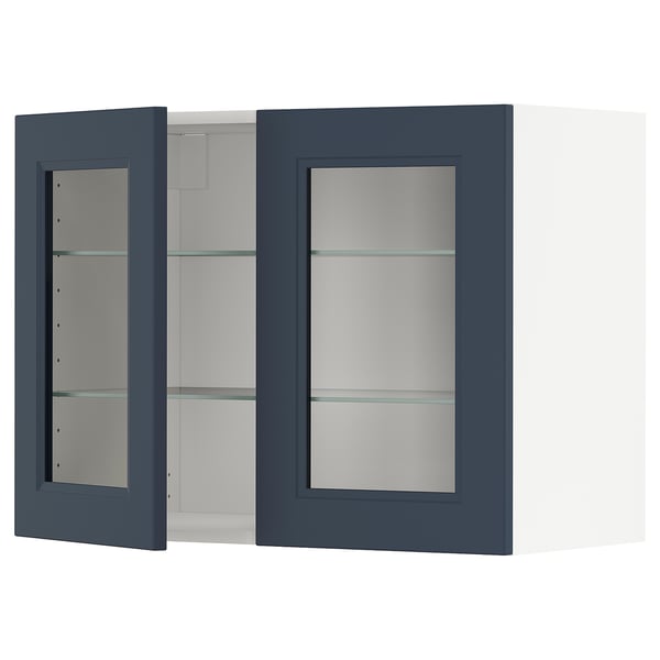 Modern blue glass-door kitchen cabinet with two shelves on left, one on right.