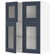 A dark blue kitchen cabinet with glass doors. It has a sleek, modern design with adjustable glass shelves inside.