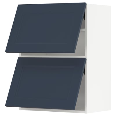 Two navy-blue kitchen cabinets with square panels and metallic hinges.