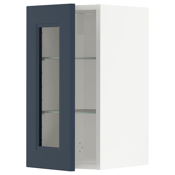 Blue glass door cabinet; modern design, two glass shelves.