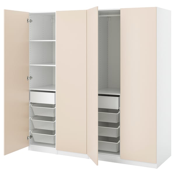 This image two light beige PAX wardrobes with open doors, showcasing shelves, drawers, and mesh storage baskets inside.