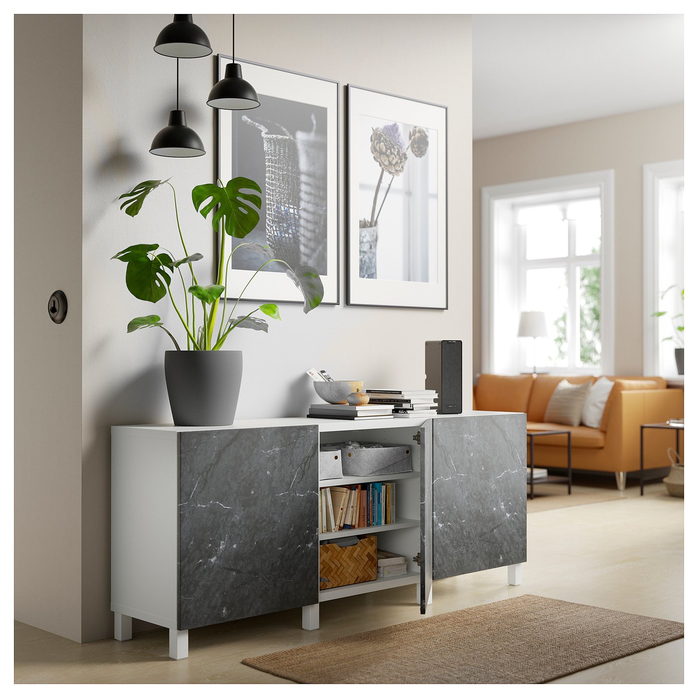 IKEA ベストー（大理石調）ウップレーヴァなし BESTÅ ベストー 収納コンビネーション 扉付, ホワイト ベリス