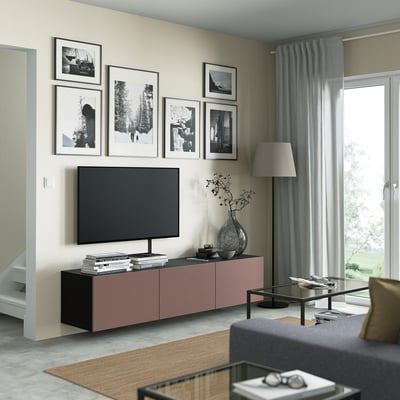 BESTÅ طاولة تلفزيون مع أبواب, أسود-بني/Hjortviken بني, 180x42x38 سم