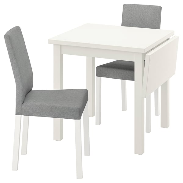 NORDVIKEN dining set: white drop-leaf table, grey upholstered chairs; compact, extendable, high backs, padded.