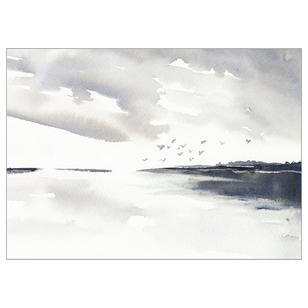 PJÄTTERYD poster - cloudy beach scene, grey-blue tones. Lightweight polyester with acrylic coating. Rectangle shape, minimalist, abstract design.