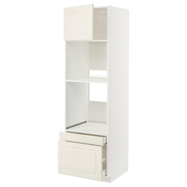 White kitchen cabinet with pull-out drawer and shelves, modern design.