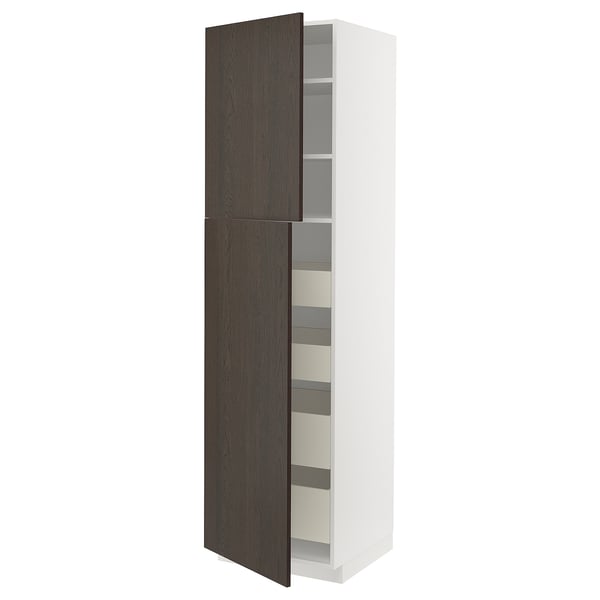 Modern tall white cabinet with dark brown wooden doors, featuring shelves inside. Elegant and practical kitchen storage.