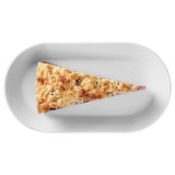 A piece of cake on a white plate, featuring a golden-brown crust and crumbly texture.