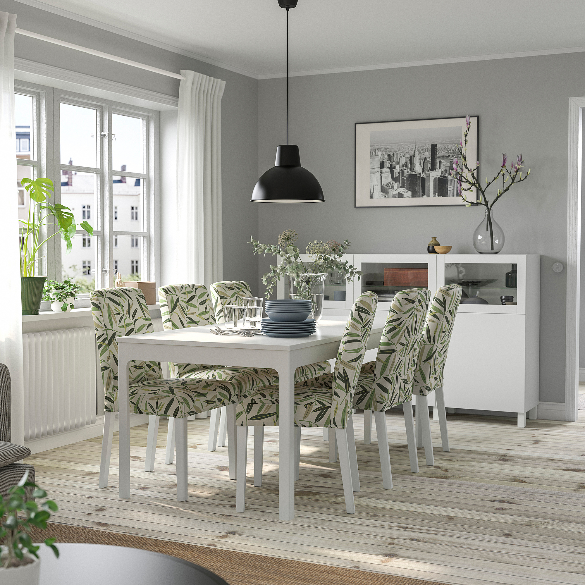 EKEDALEN / BERGMUND طاولة و 6 كراسي, أبيض/Fågelfors عدة ألوان, ‎180/240 سم‏