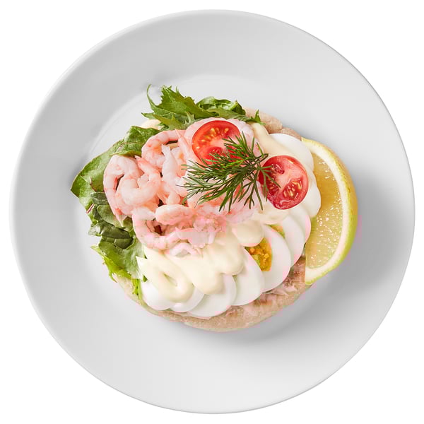 A savory open-faced sandwich with shrimp, lettuce, cherry tomatoes, and mayo on white bread.