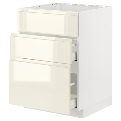 METOD / MAXIMERA خزانة قاعدة لموقد/شفاط مدمج مع درج, أبيض/Voxtorp بيج فاتح لامع, 60x60 سم
