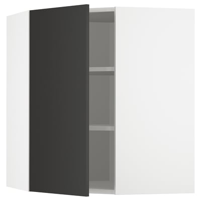 METOD メトード コーナーウォールキャビネット 棚板付き, ホワイト/ニッケボー マットチャコール, 68x68x80 cm