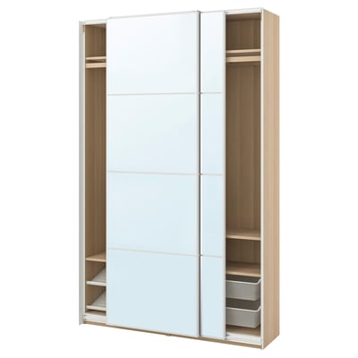A white ikea PAX wardrobe with mirror and shelves.