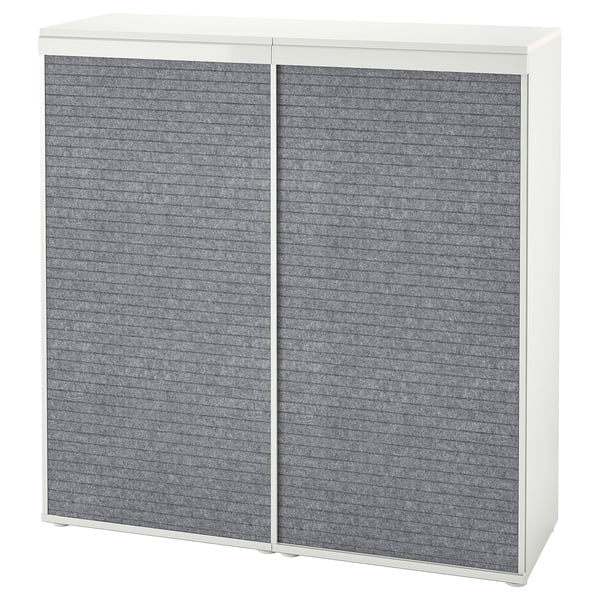 A white PLATSA storage unit with grey sliding doors, rectangular and modern in design.