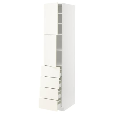 METOD メトード / MAXIMERA マキシメーラ ハイキャビネット 棚板/引き出し4個/扉2枚付き, ホワイト/ヴァルステナ ホワイト, 40x60x200 cm