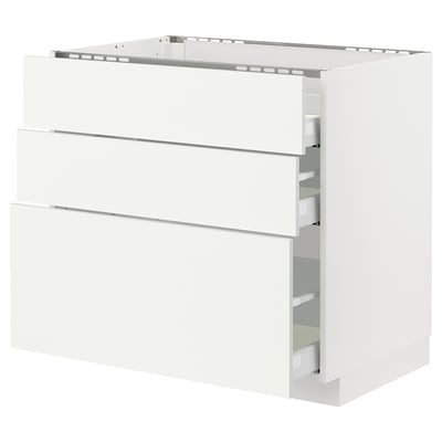METOD メトード / MAXIMERA マキシメーラ ベースキャビネット コンロ用/引き出し前部3枚/引き出し3個, ホワイト/ヴァルステナ ホワイト, 90x60x80 cm