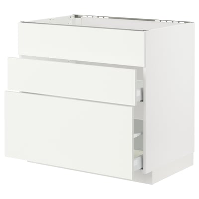METOD メトード / MAXIMERA マキシメーラ ベースキャビネット シンク用+引き出し前部3枚/引き出し2個, ホワイト/ヴァルステナ ホワイト, 90x60x80 cm
